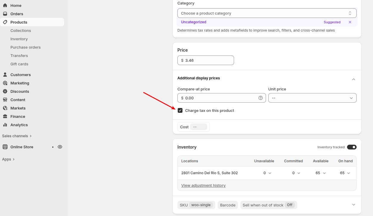Charge taxes on this product box in Shopify dashboard - Shopping Cart Migration