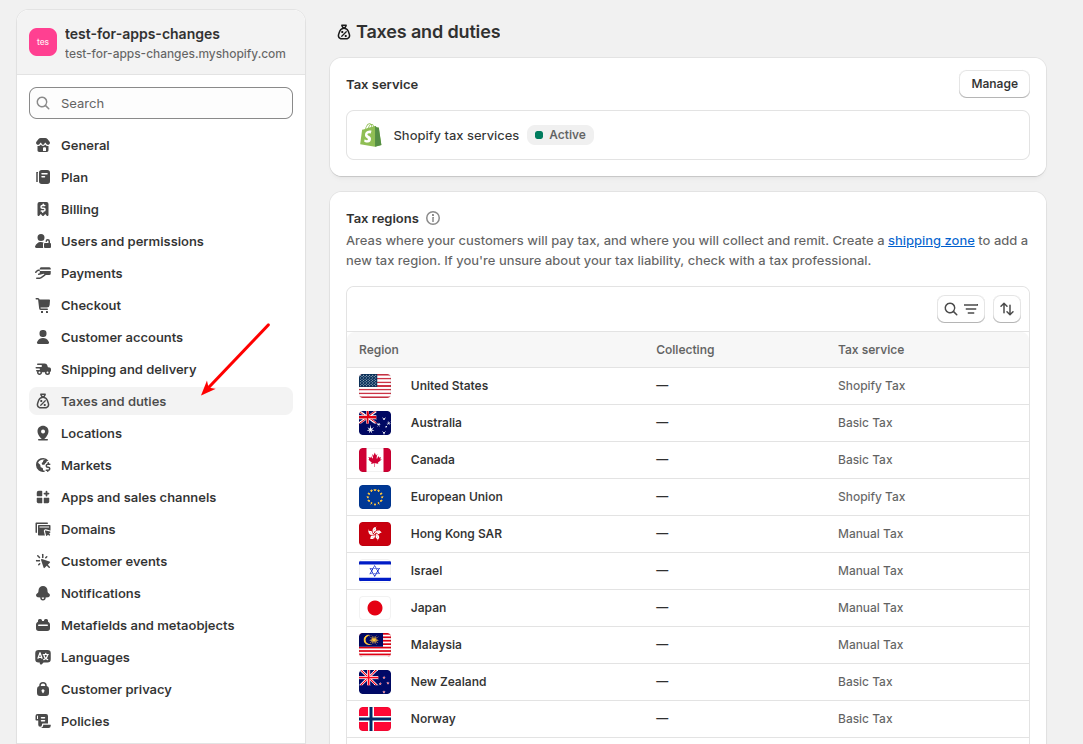 Shopify dashboard showing tax settings configuration for a product - Shopping Cart Migration