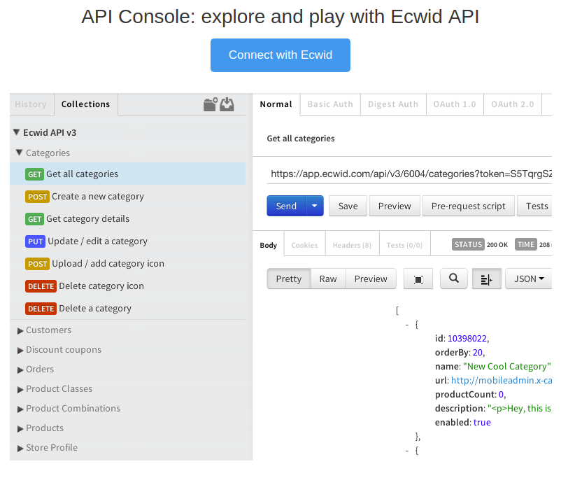 how to retrieve API details from Ecwid admin panel