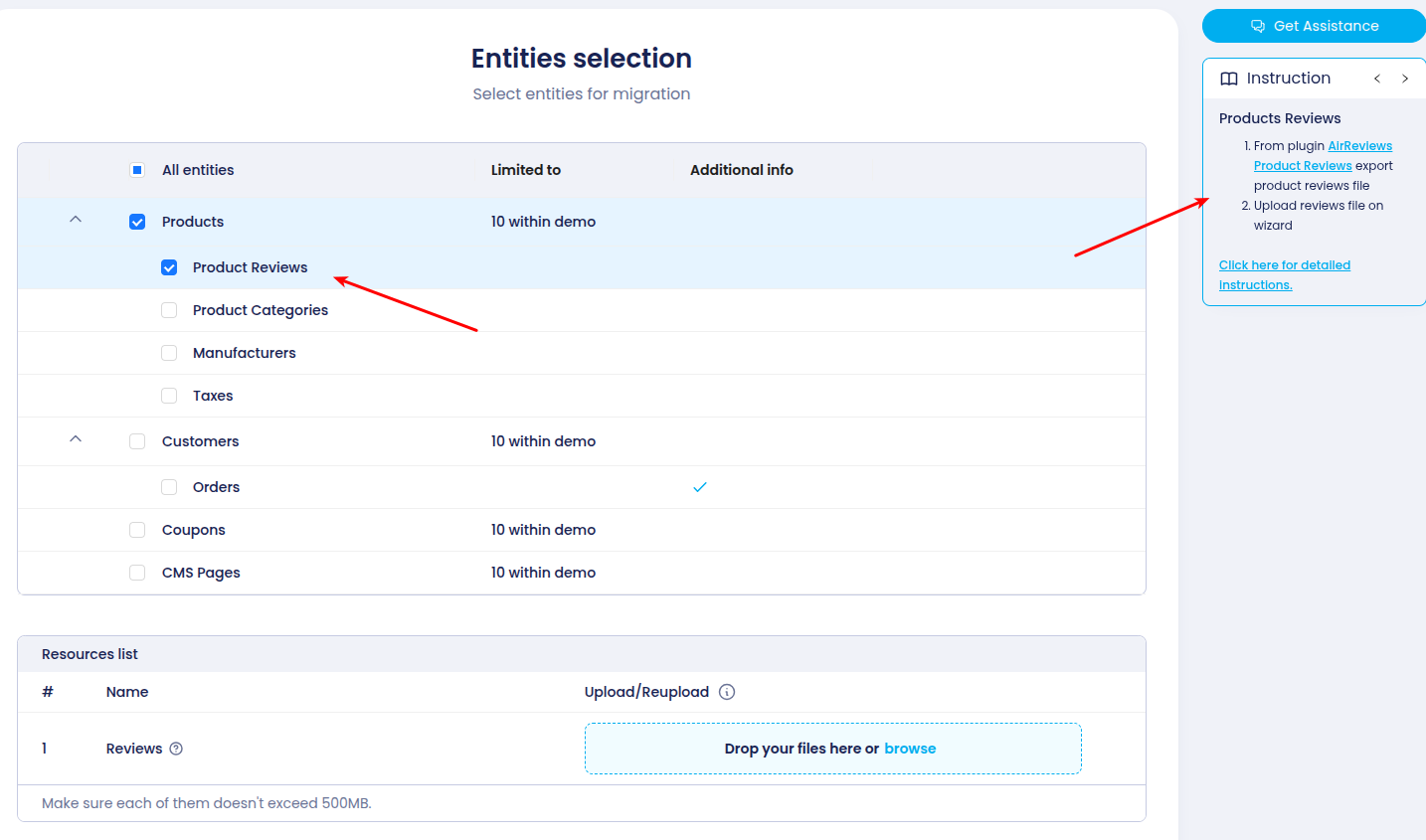 Selecting Reviews entity in Cart2Cart for Shopify data migration