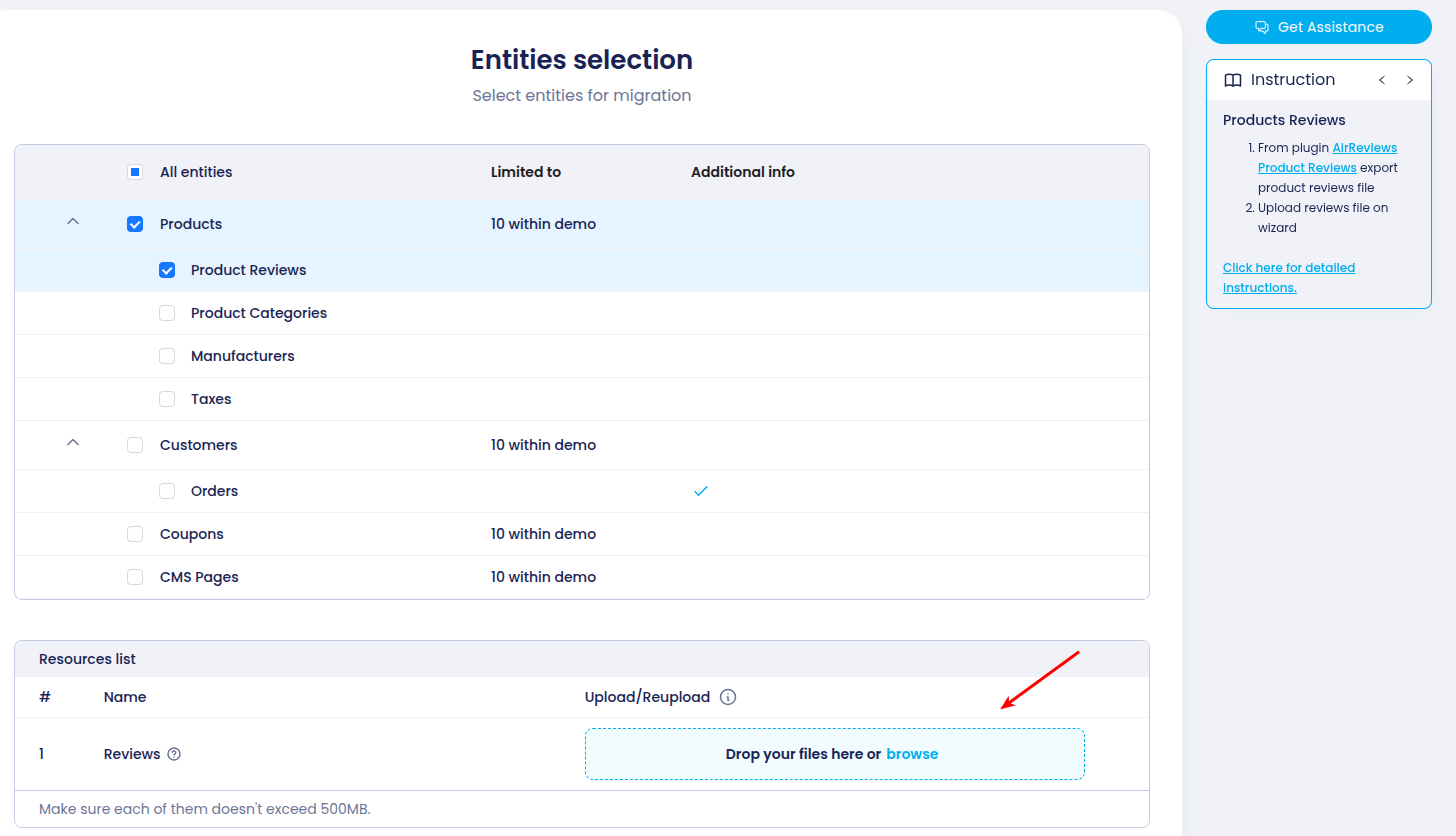 Uploading Shopify review CSV file to Cart2Cart for data migration