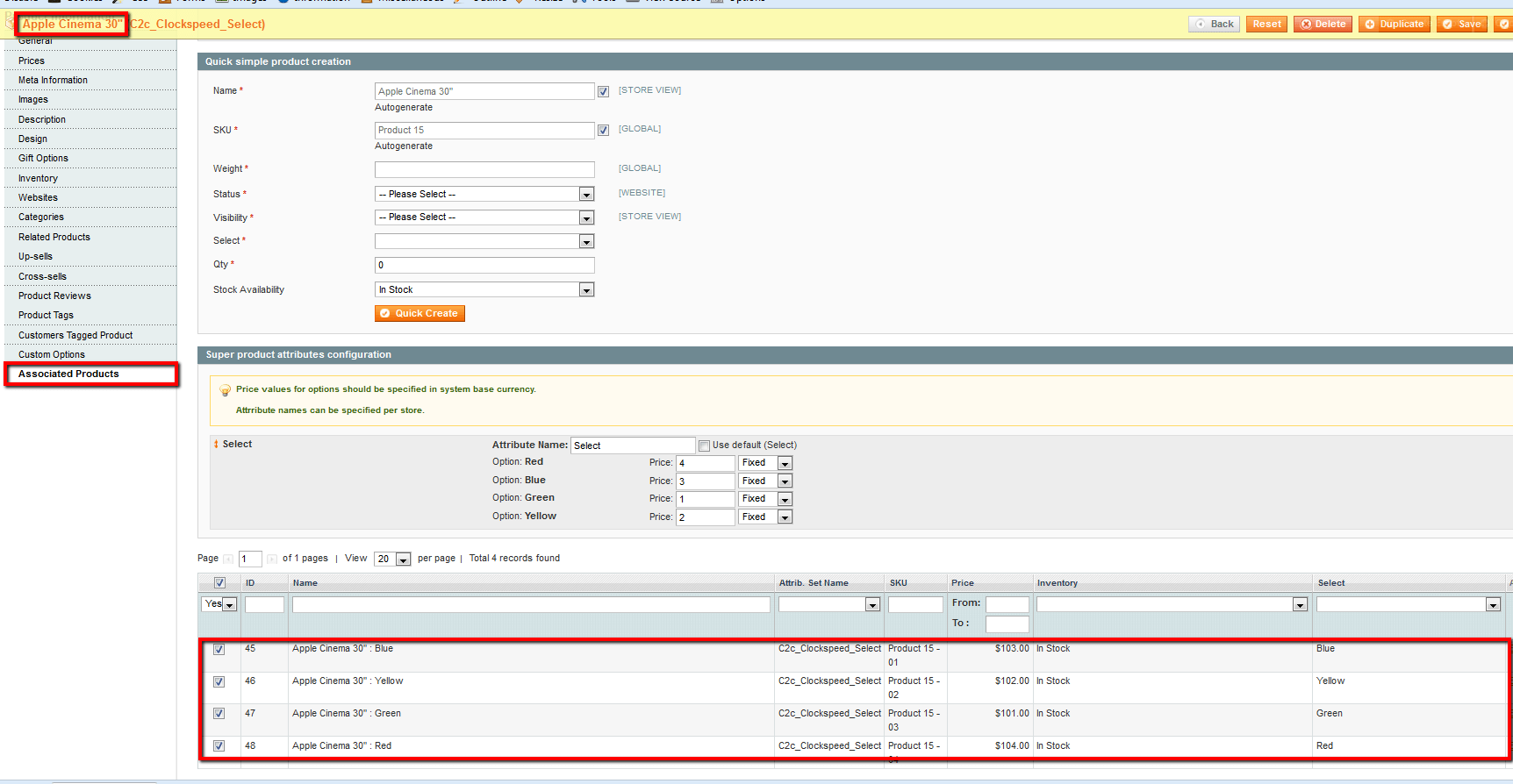associated products page create product variants