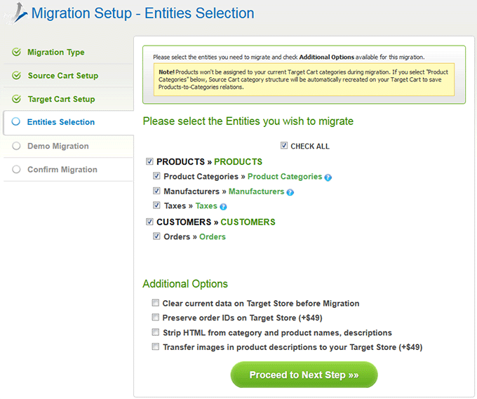 Select Entities How to Migrate X-Cart to PrestaShop