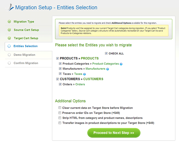 Entities Selection How to Migrate from OpenCart to osCommerce