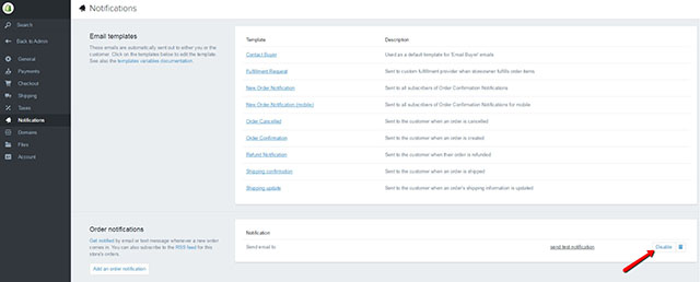 How to disable notifications about new orders on Shopify?