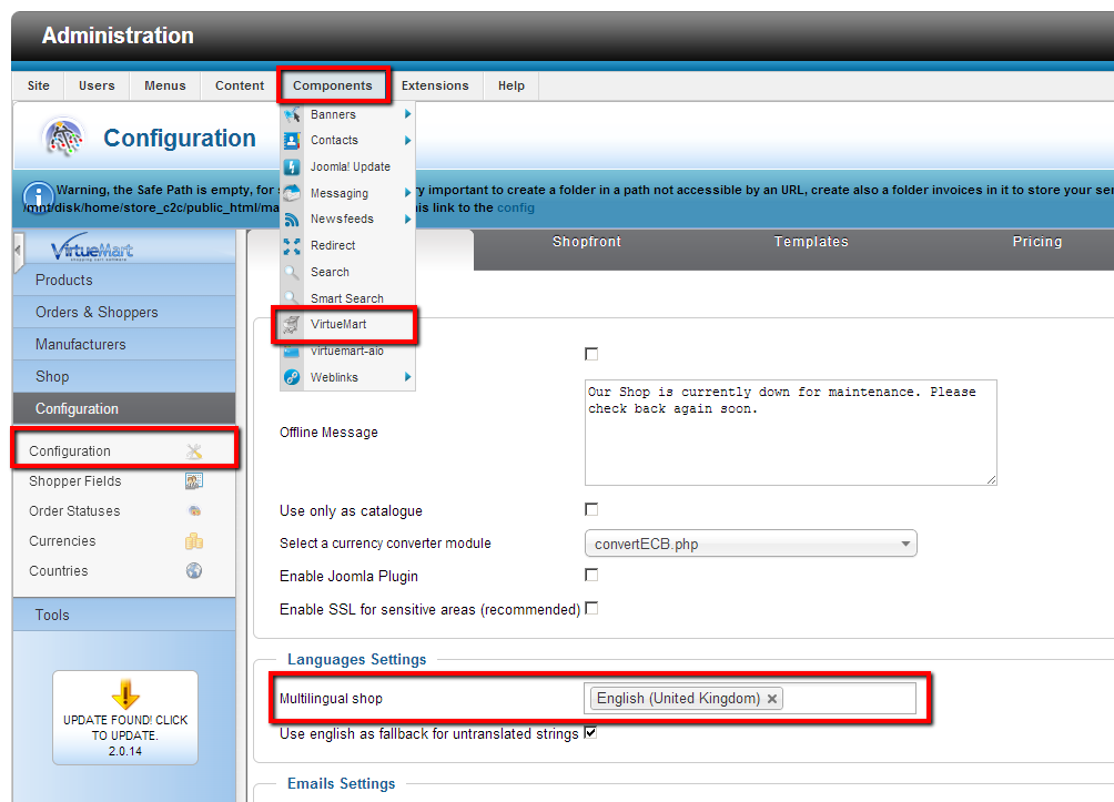 VirtueMart Language Configuration